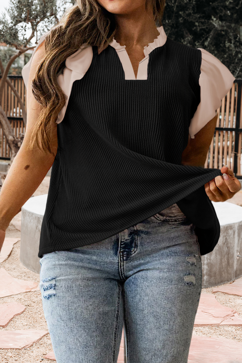 Contrast Frilled Neckline Ribbed Textured Blouse
