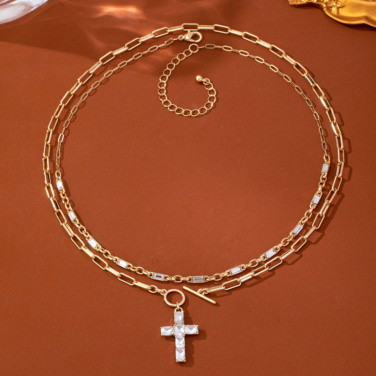 Layered Paperclip Chain Crystal Cross Necklace