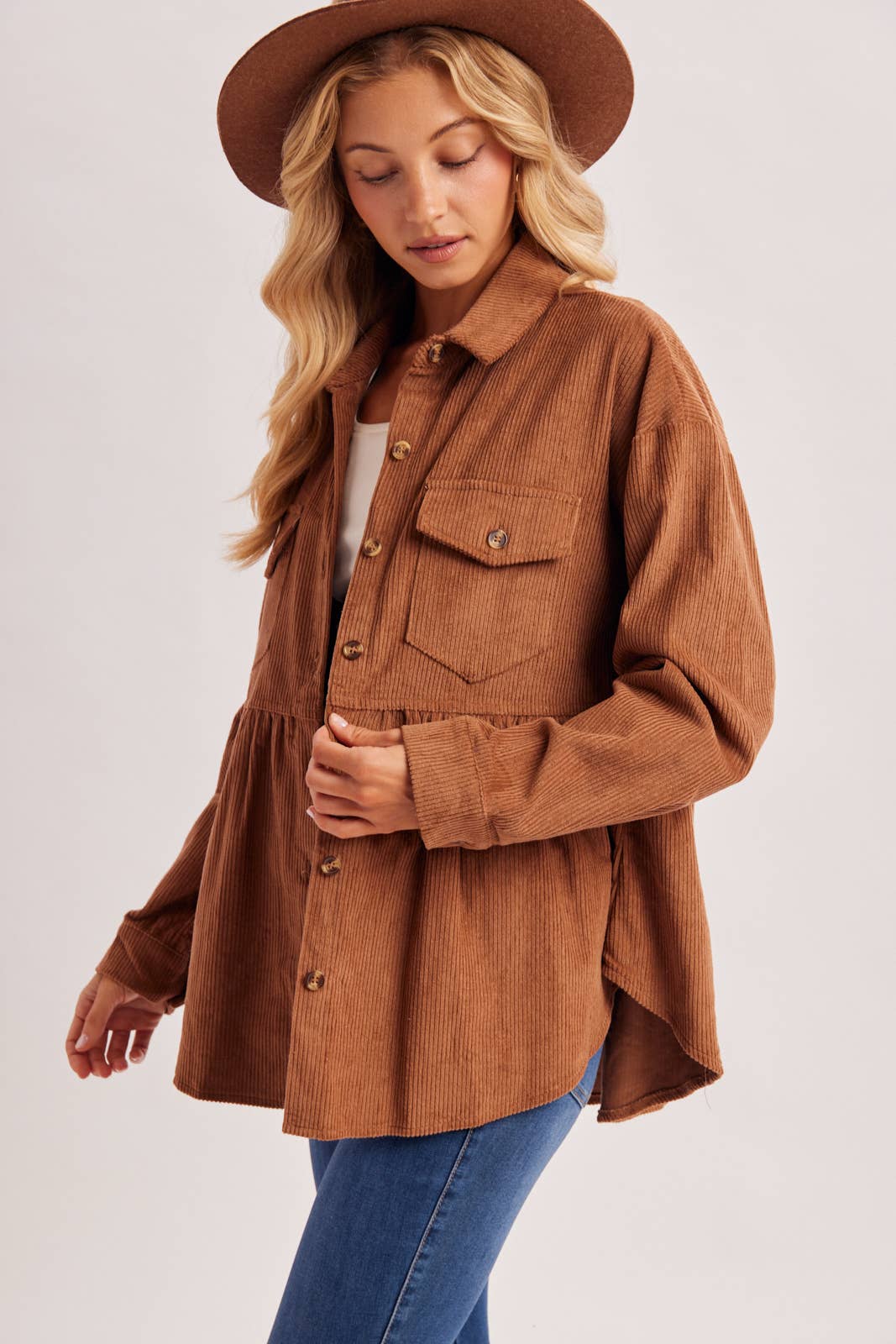 BUTTON DOWN CORDUROY PEPLUM SHACKET