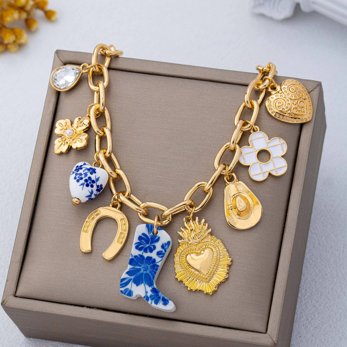 Blue & White Floral Western Charm Link Bracelet