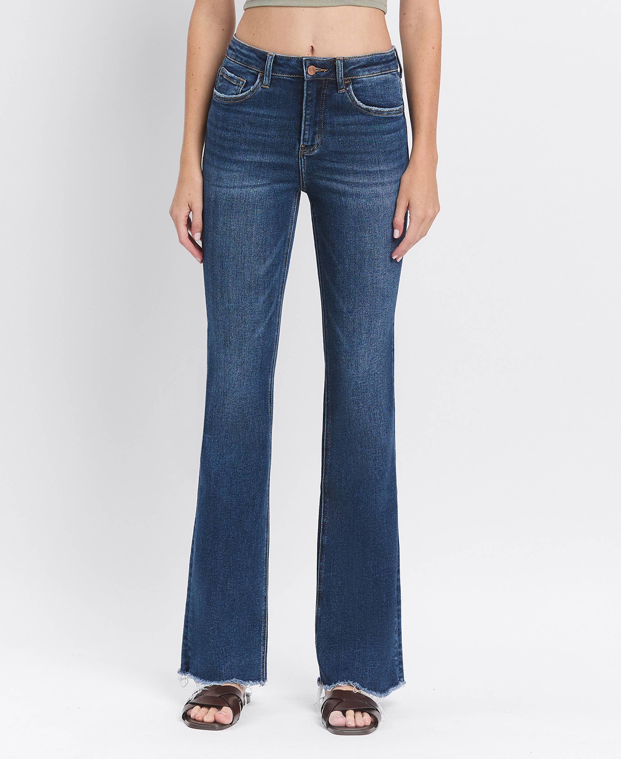Lovervet by VERVET High Rise Medium Dark Wash Raw Hem Bootcut Jeans