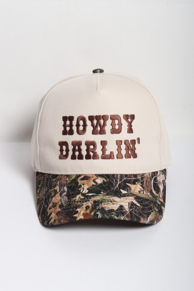 Western HOWDY DARLIN' Embroidered Camo Print Two Tone Cap