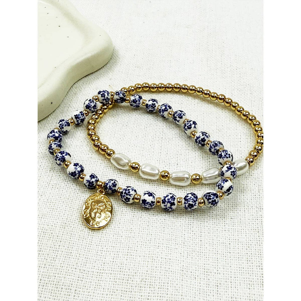 Blue Oval Metal Charm with Cermamic Bead Bracelet