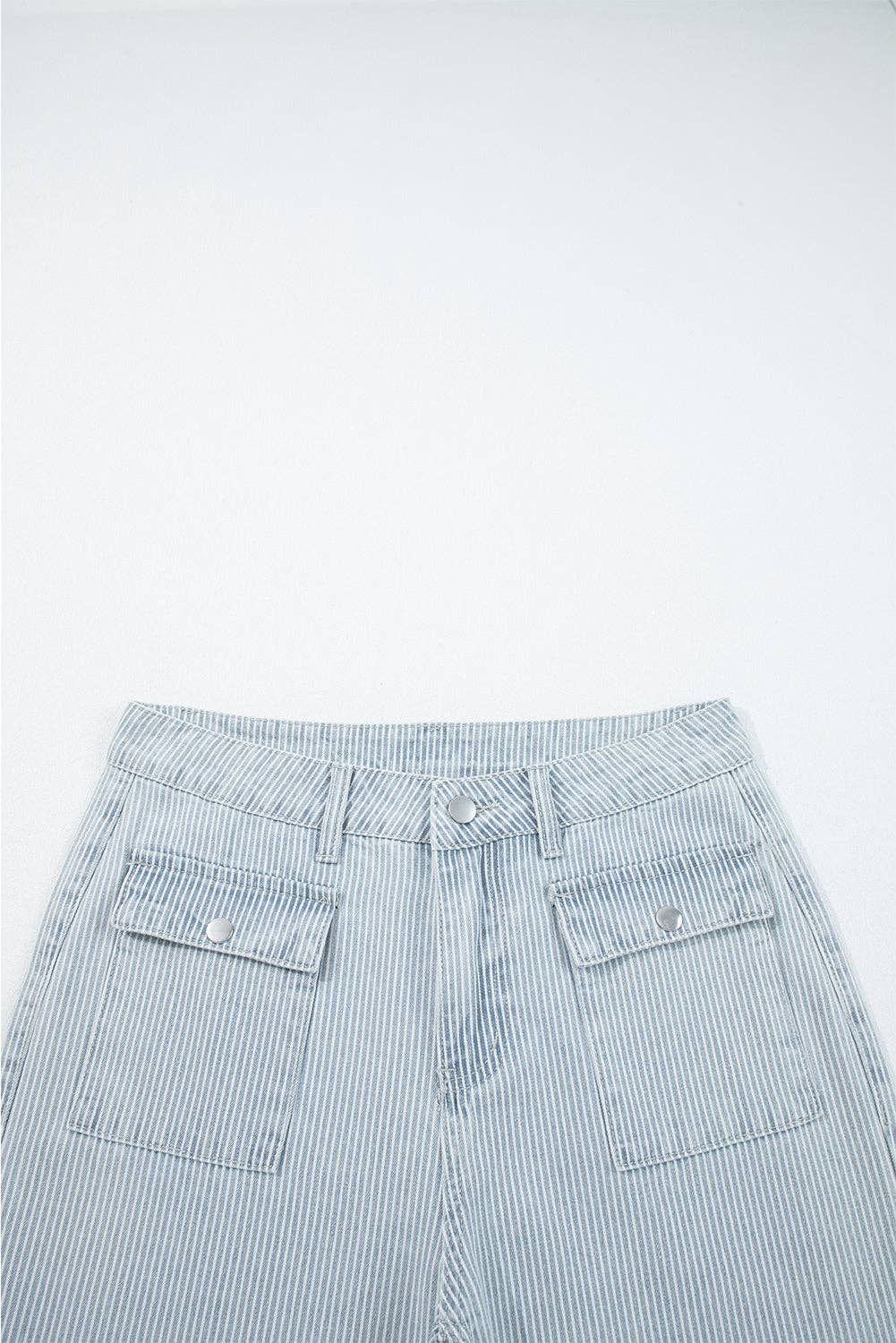 Stripe Button Flap Pocket Cuffed Hem Wide Leg Jeans