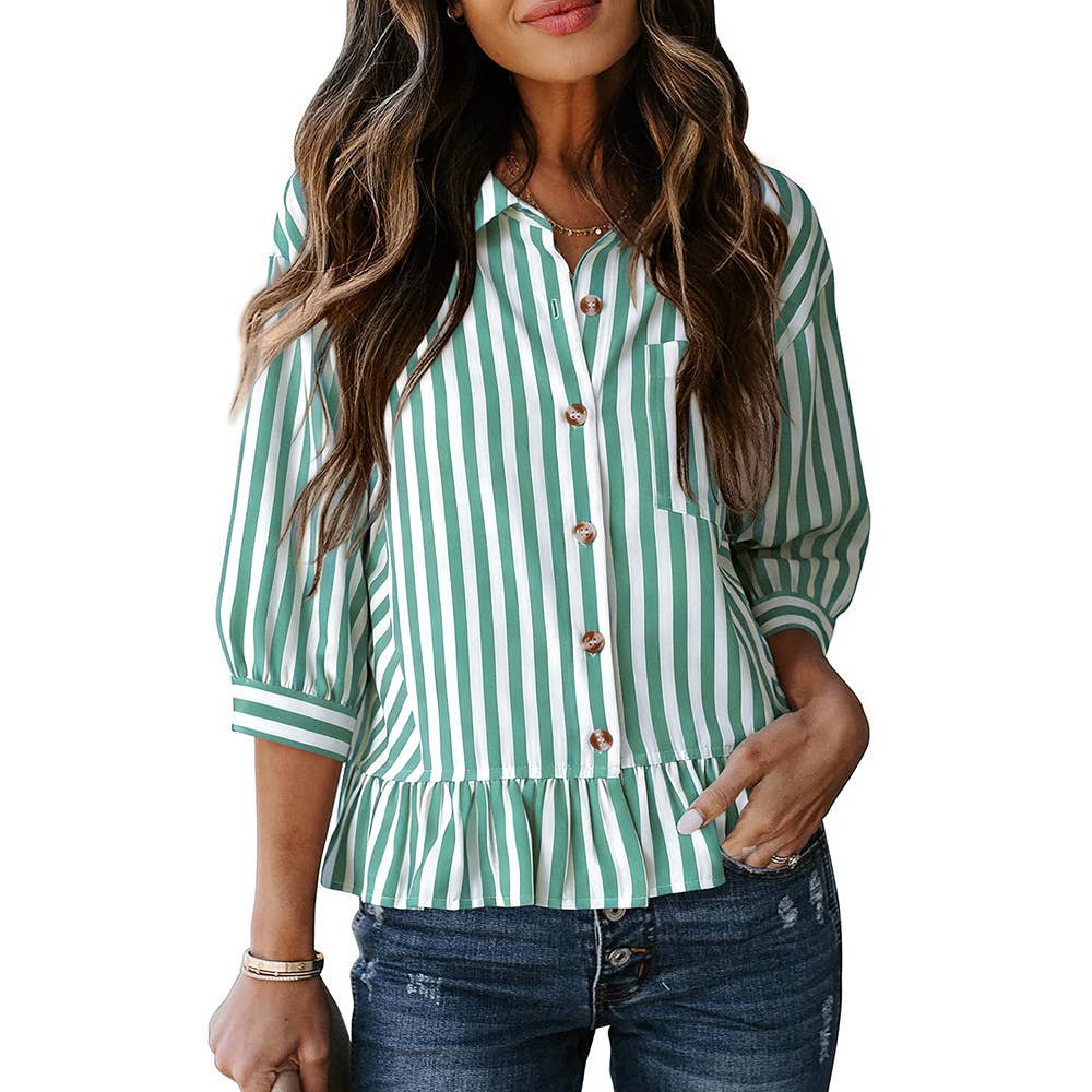 Western Vintage Striped Button Down Ruffle Top