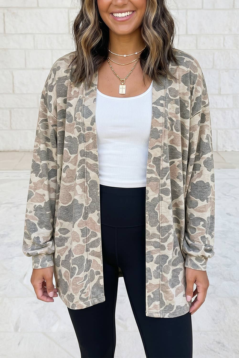 Camo Print Long Sleeve Tunic V Neck Open Front Cardigan