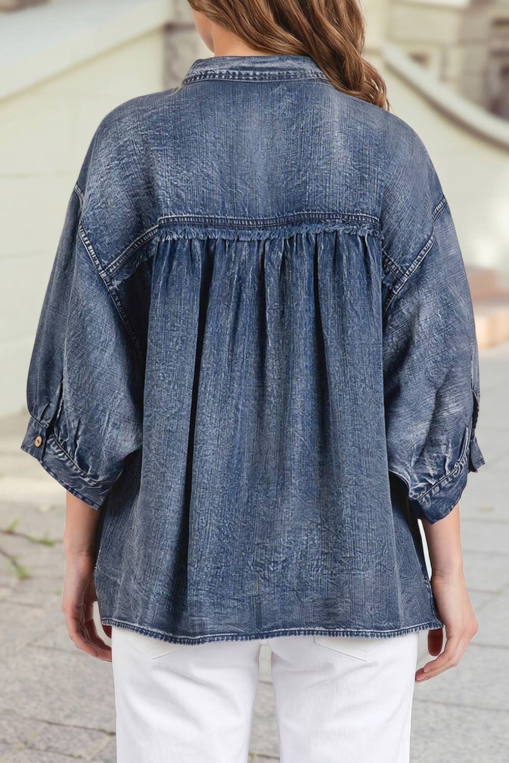 3/4 Sleeve Button Front Loose Denim Shirt