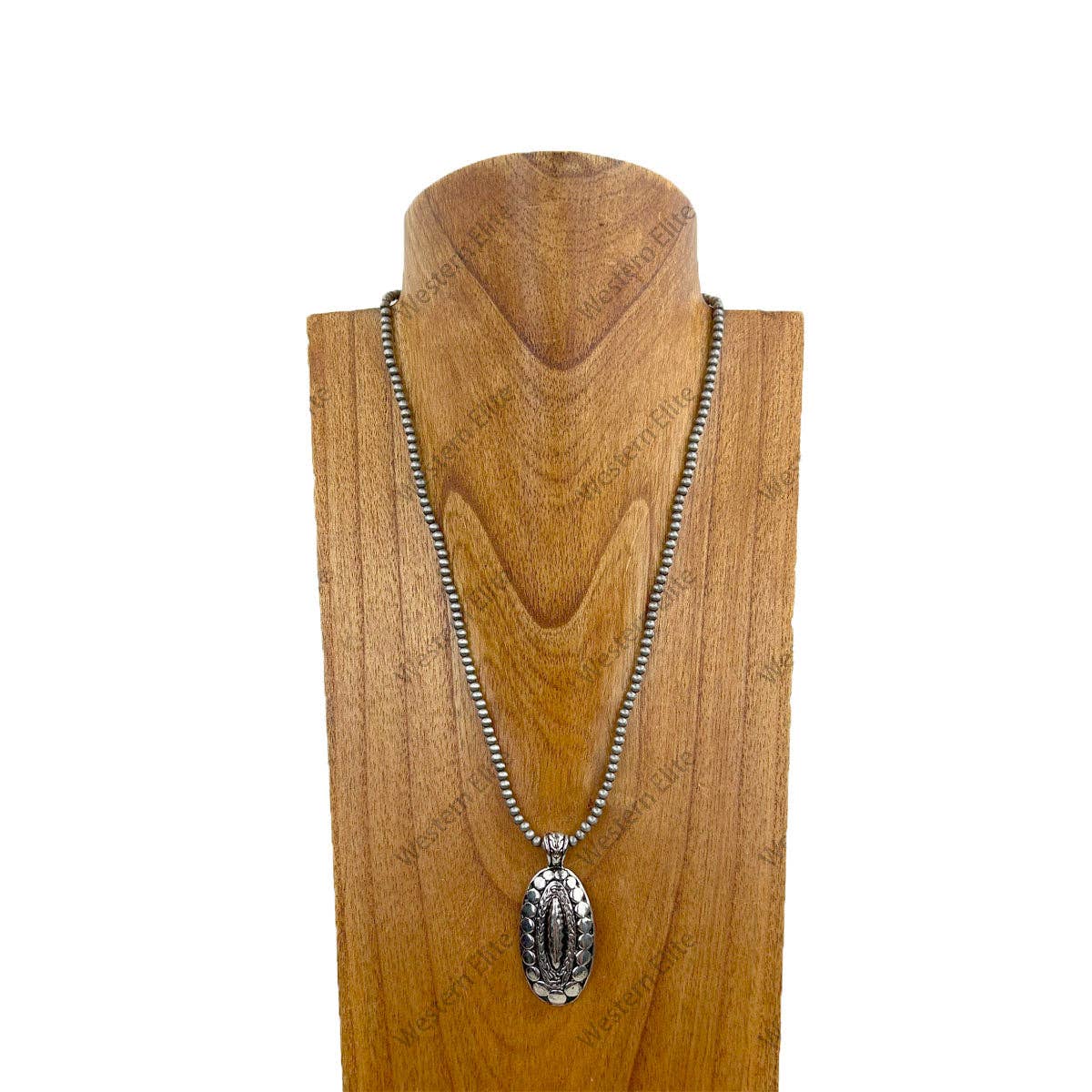 Silver Navajo Pearl Beads with Metal Oval Concho Necklace
