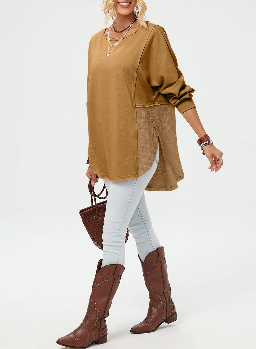 Crinkle Splicing Raw Hem High Low Oversized Blouse