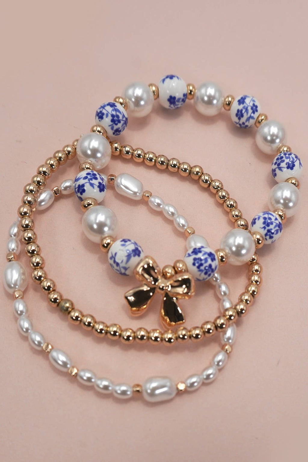 Blue Ceramic Porcelain Bow Multi Layer Bracelet Set