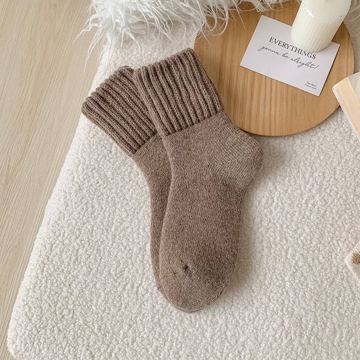 Brown Thick Crew Socks Women Winter Warm Cozy