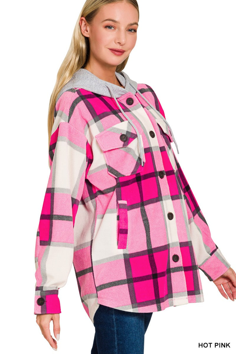 Plaid Drawstring Hooded Fleece Shacket