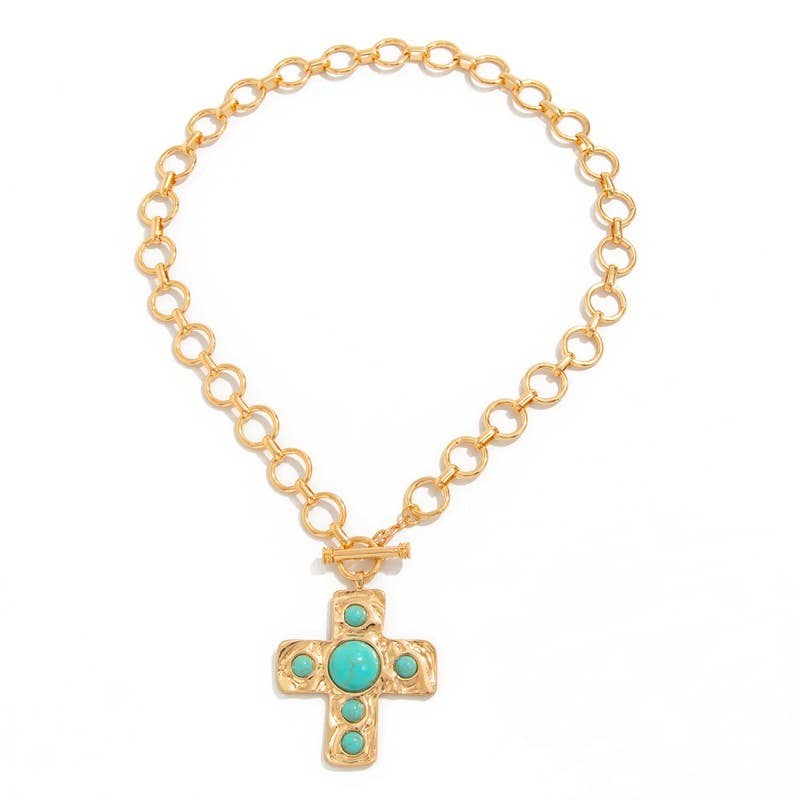 Hammered Jewel Cross Toggle Necklace