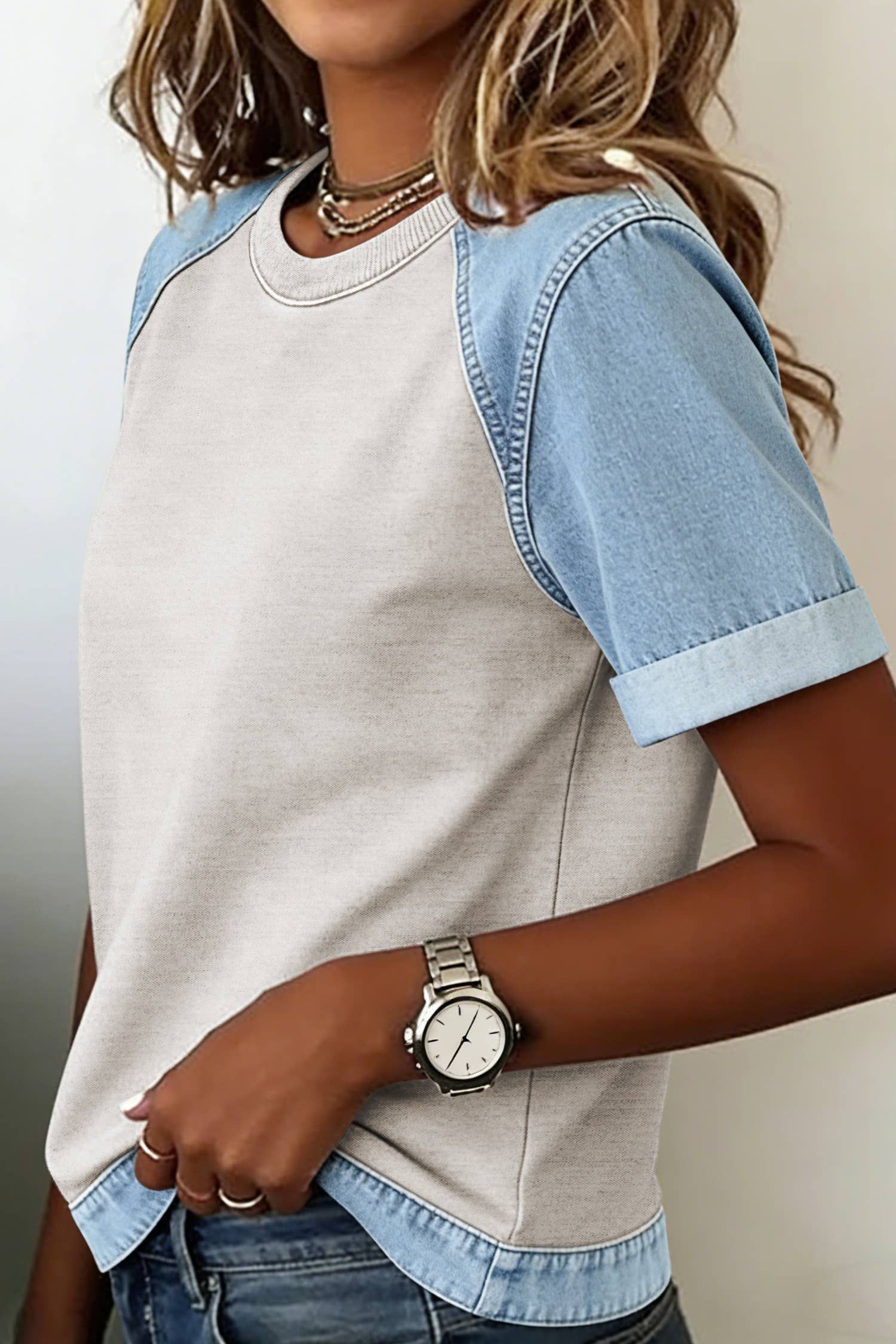 Denim Color Block Patchwork Round Neck Tee