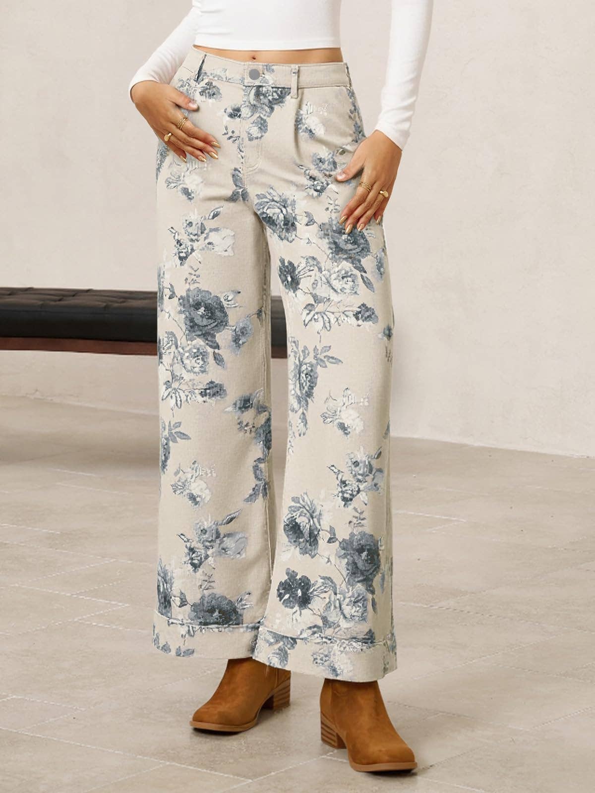 Western Vintage Boho Floral Print Denim Jeans