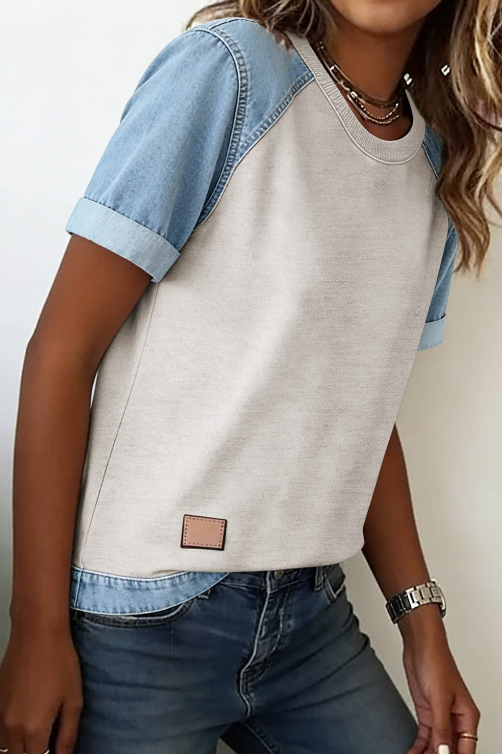 Denim Color Block Patchwork Round Neck Tee
