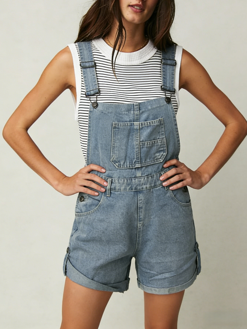 Washed Denim Short Overalls