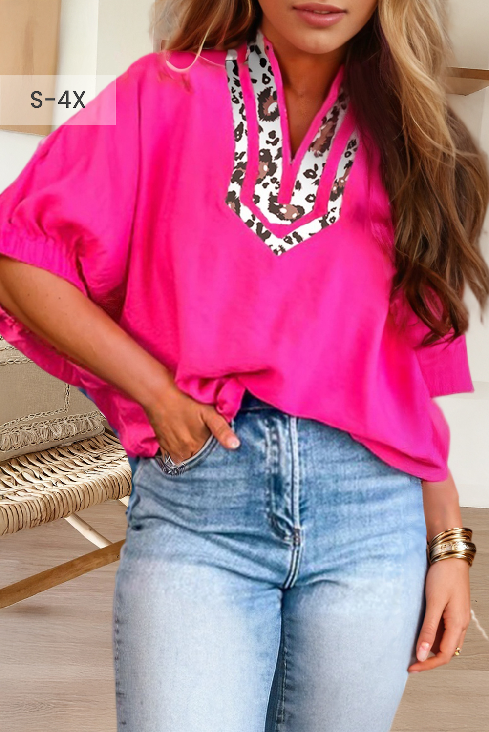 Dolman Half Sleeve Leopard Trim V Neck Top