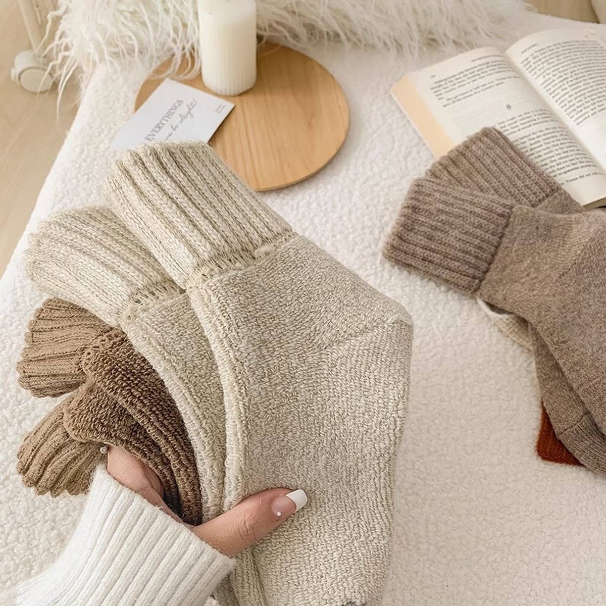 Brown Thick Crew Socks Women Winter Warm Cozy