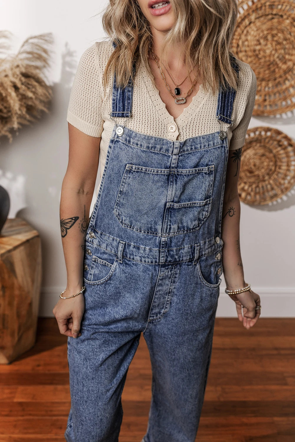 Sail Blue Denim Bib Straight Leg Jumpsuit