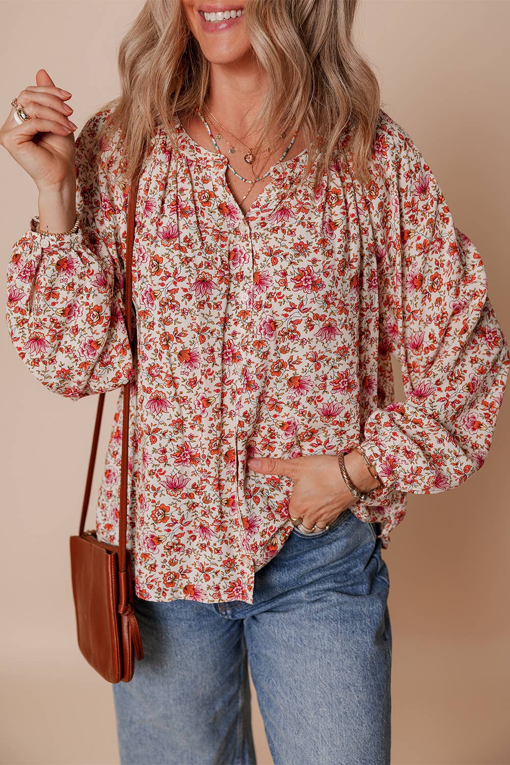 Floral Print Pleated Detail Notched Neck Blouse