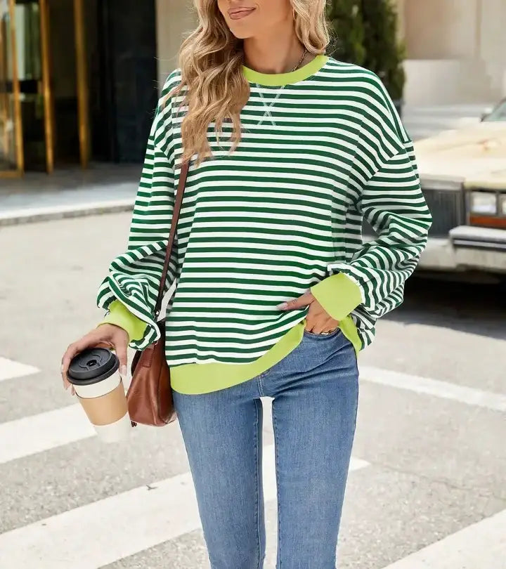 Striped Crew Neck Contrast Color Loose Long Sleeve Sweater