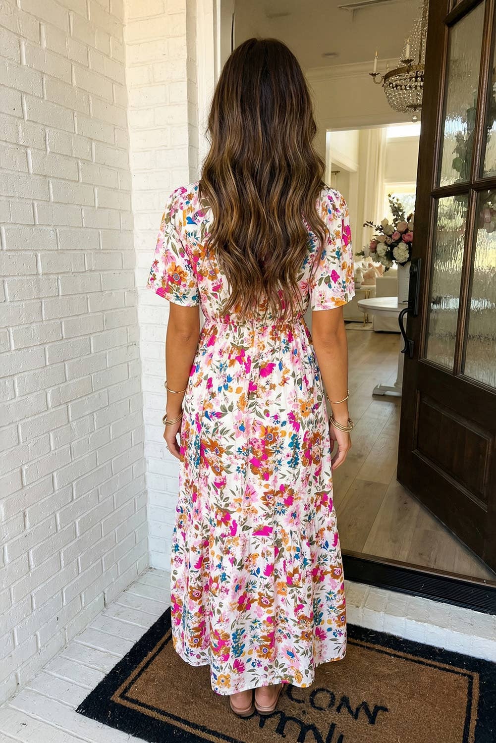 Floral Short Sleeve V Neck High Waist Maxi Dress