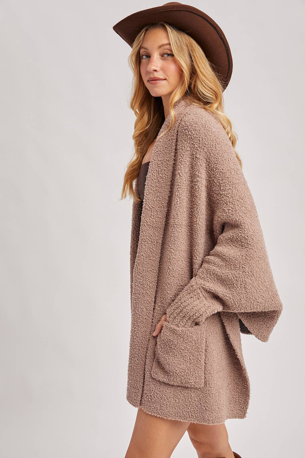OPEN FRONT BLANKET WRAP BOUCLE KNIT SWEATER CARDIGAN