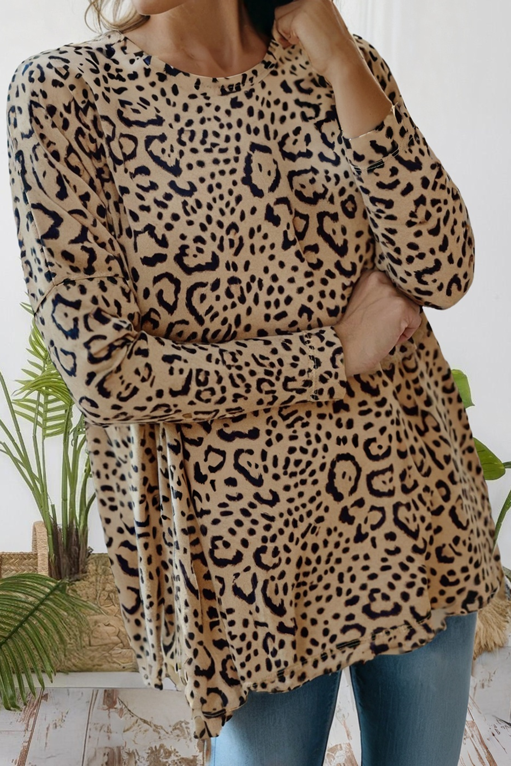 Leopard Print Long Batwing Sleeve Loose Top