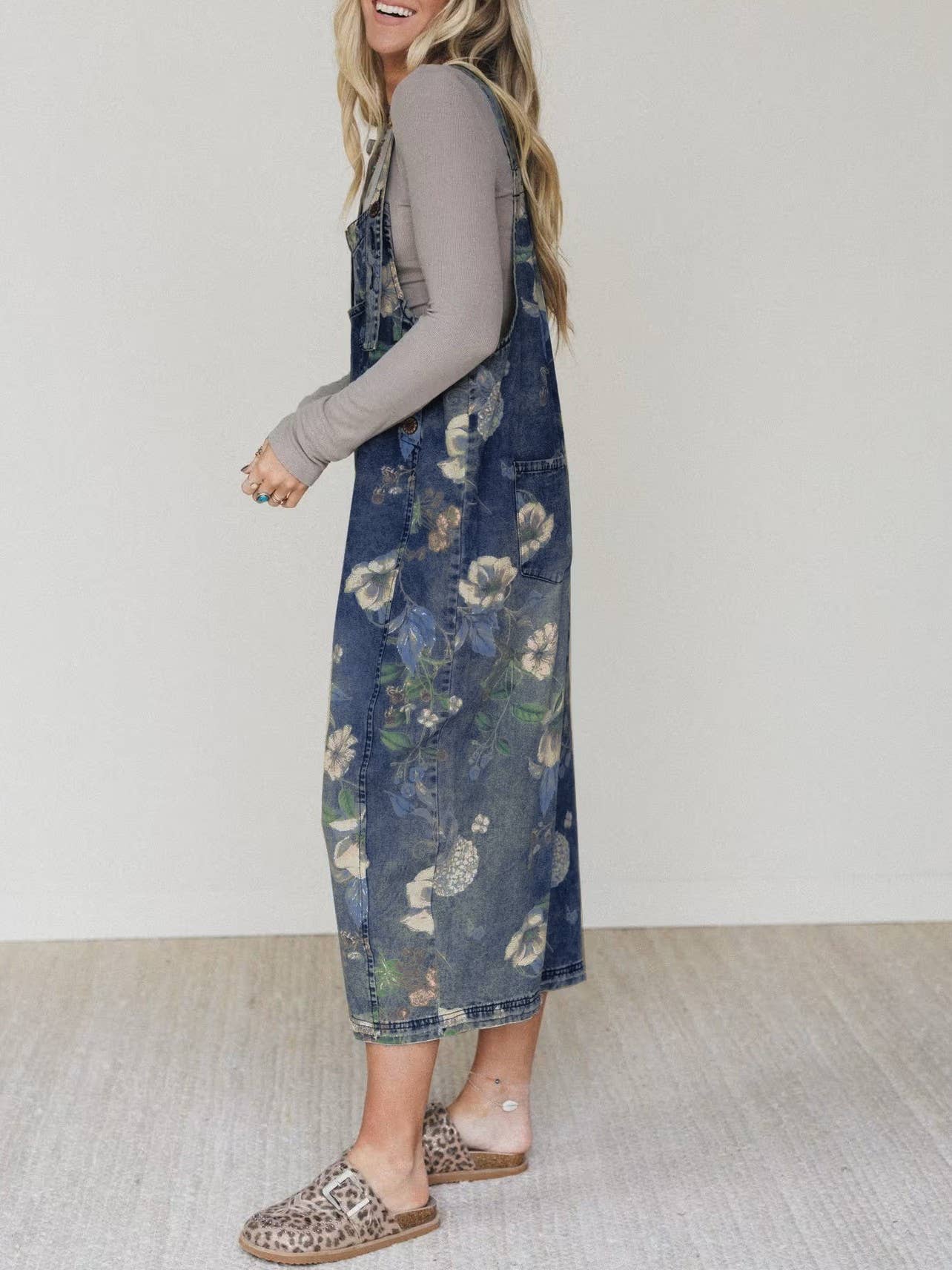 Boho Floral Print Denim Overalls with Adjustable Straps
