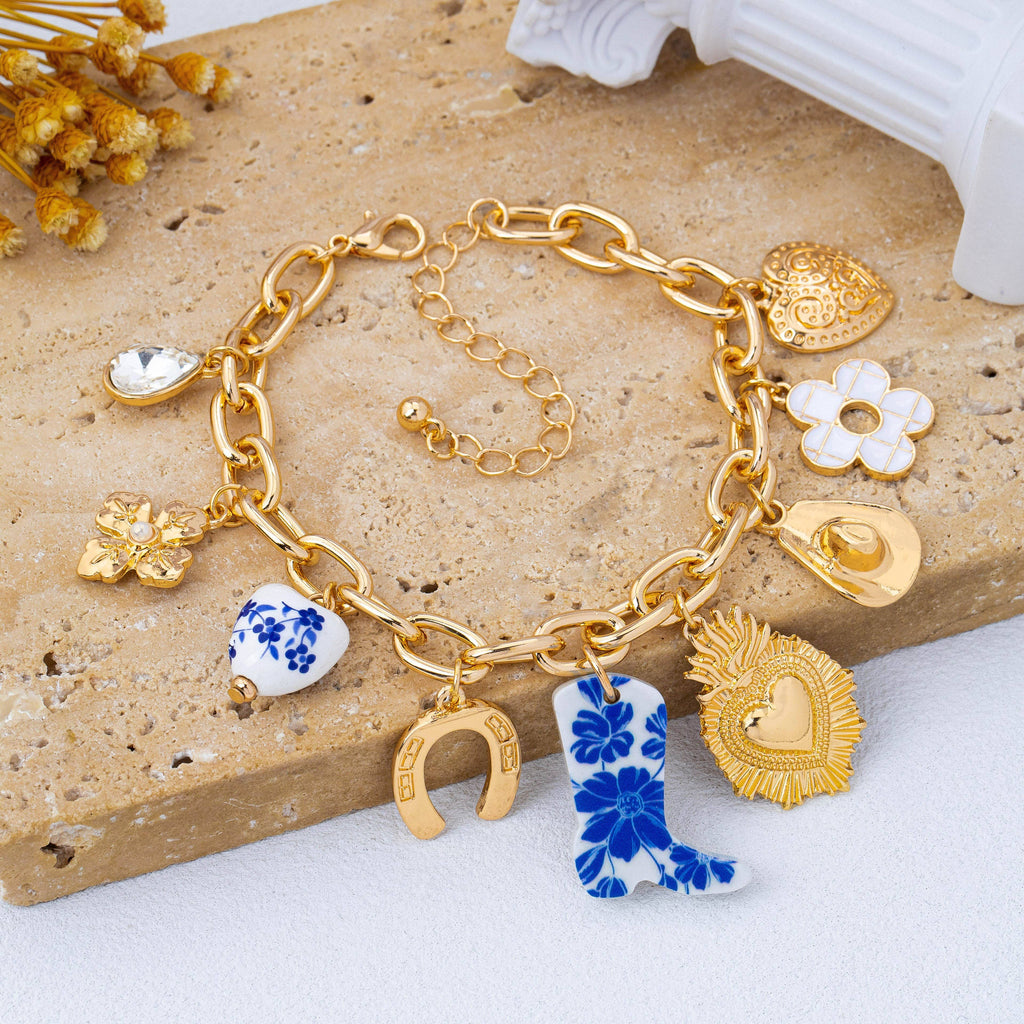 Blue & White Floral Western Charm Link Bracelet