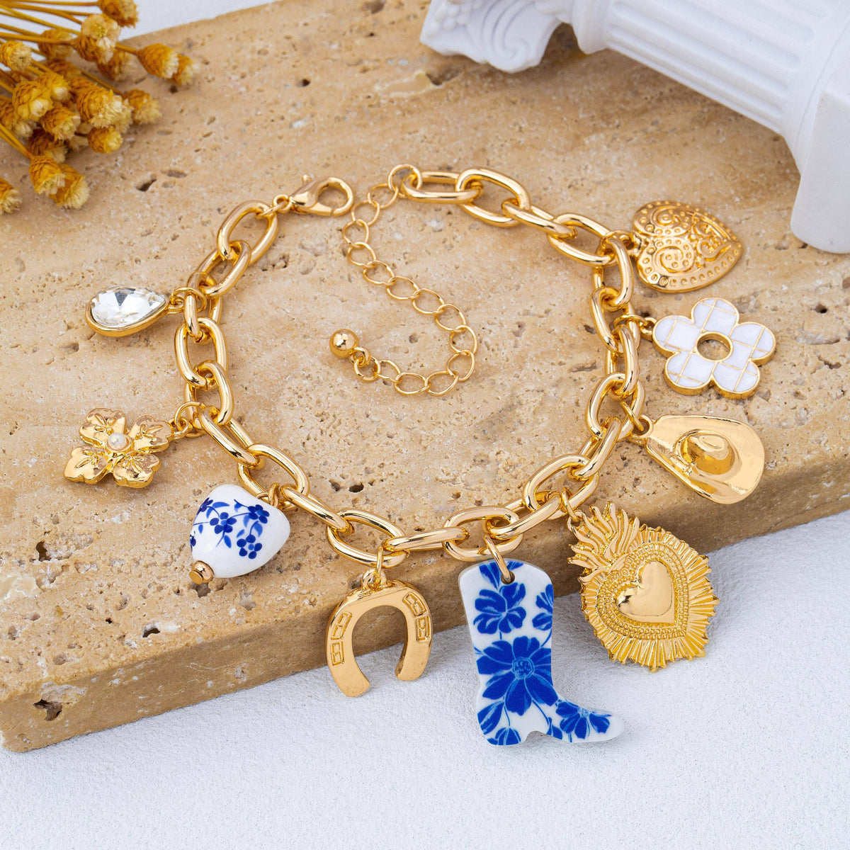Blue & White Floral Western Charm Link Bracelet
