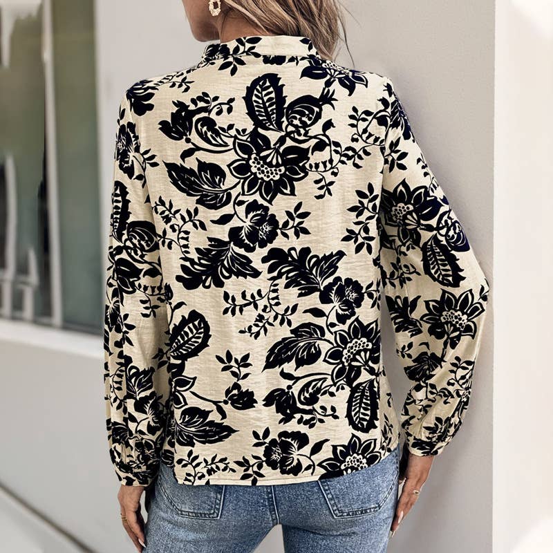 VINTAGE PRINTED STANDING COLLAR ELEGANT SHIRT