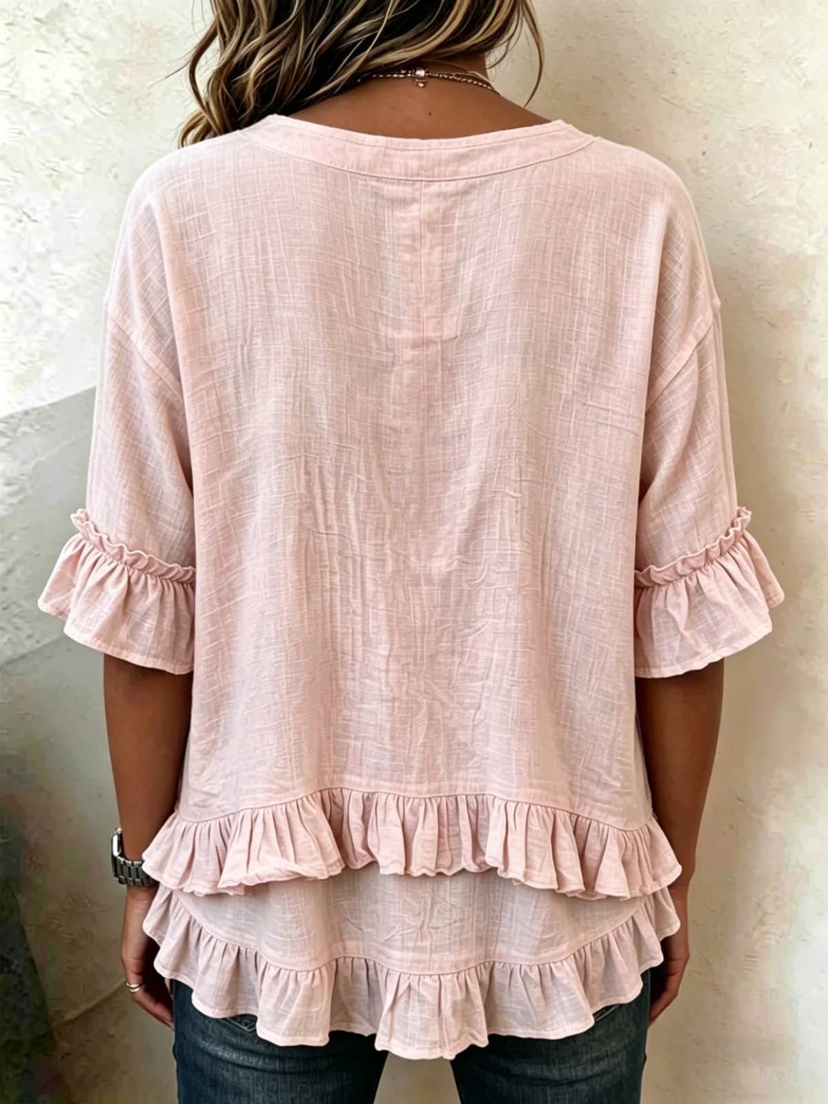 V-Neck Half Button Ruffle Hem Blouse