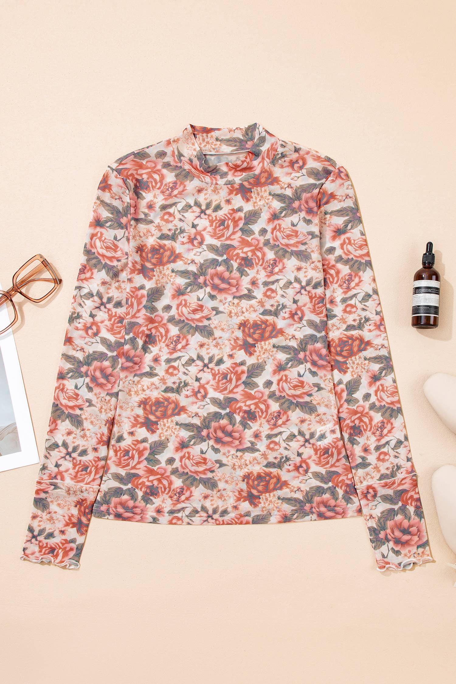Floral Print Mesh Mock Neck