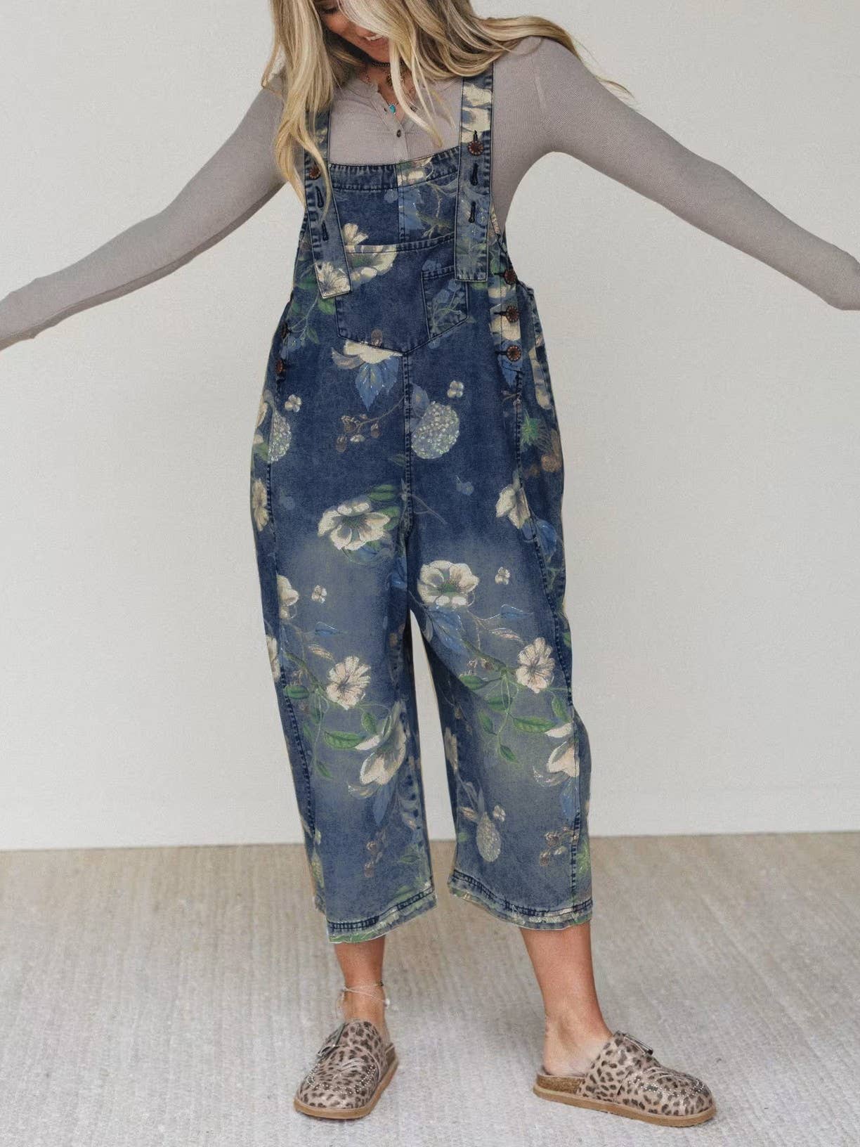 Boho Floral Print Denim Overalls with Adjustable Straps