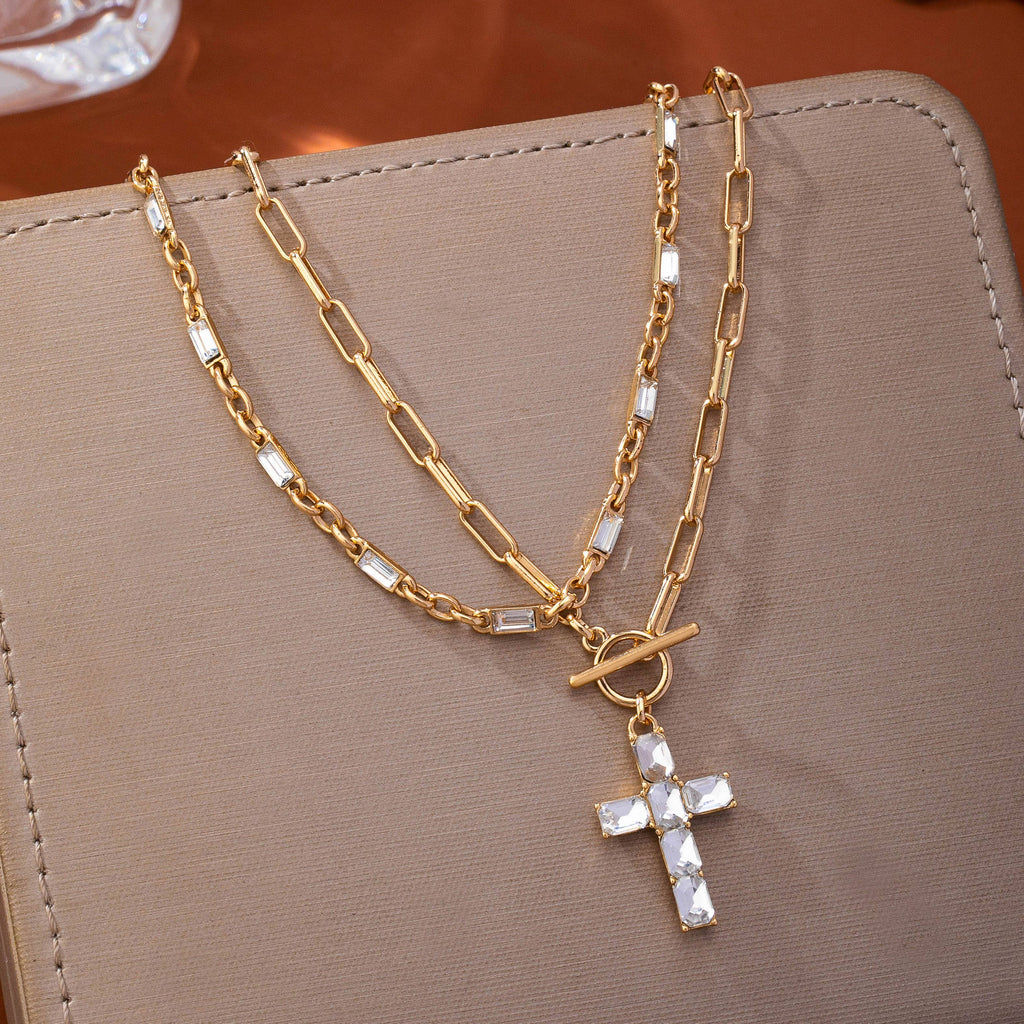 Layered Paperclip Chain Crystal Cross Necklace