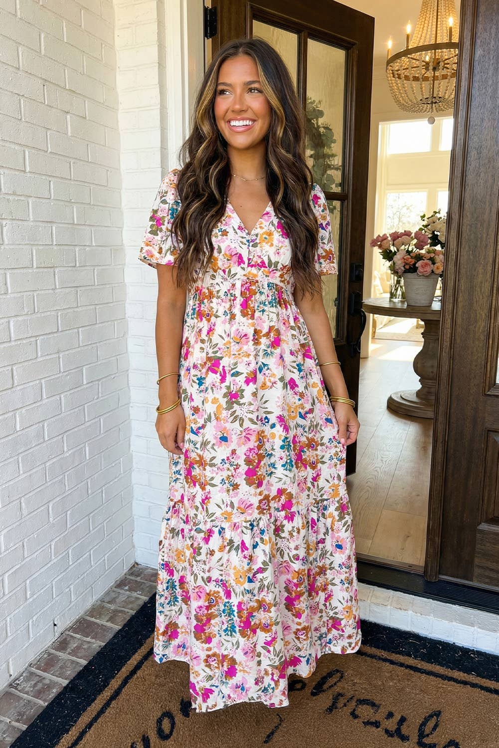 Floral Short Sleeve V Neck High Waist Maxi Dress