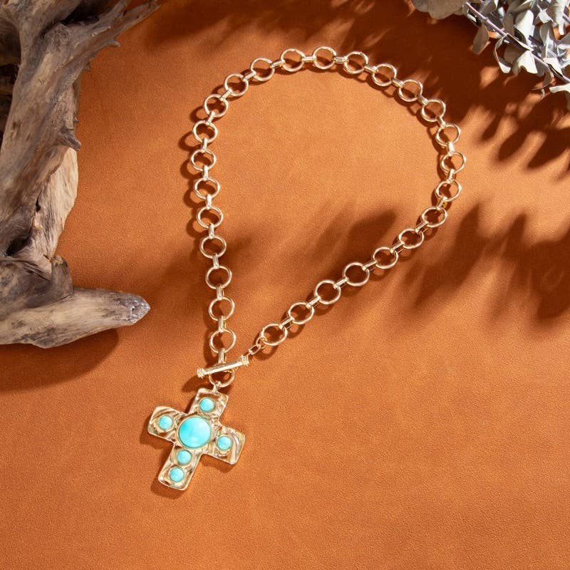 Hammered Jewel Cross Toggle Necklace