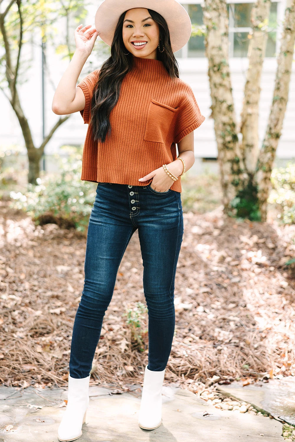Gold Flame Patch Pocket Ribbed Knit Sort Sleeve Sweater