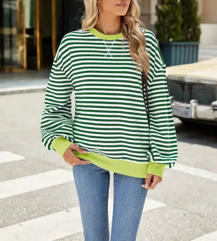 Striped Crew Neck Contrast Color Loose Long Sleeve Sweater