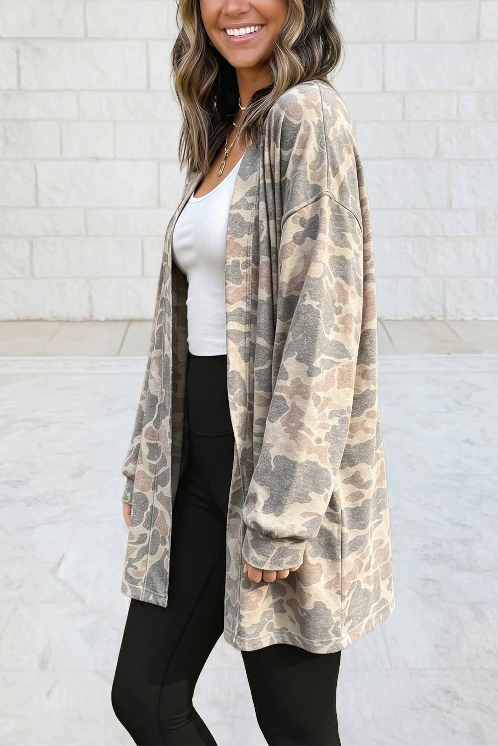 Camo Print Long Sleeve Tunic V Neck Open Front Cardigan