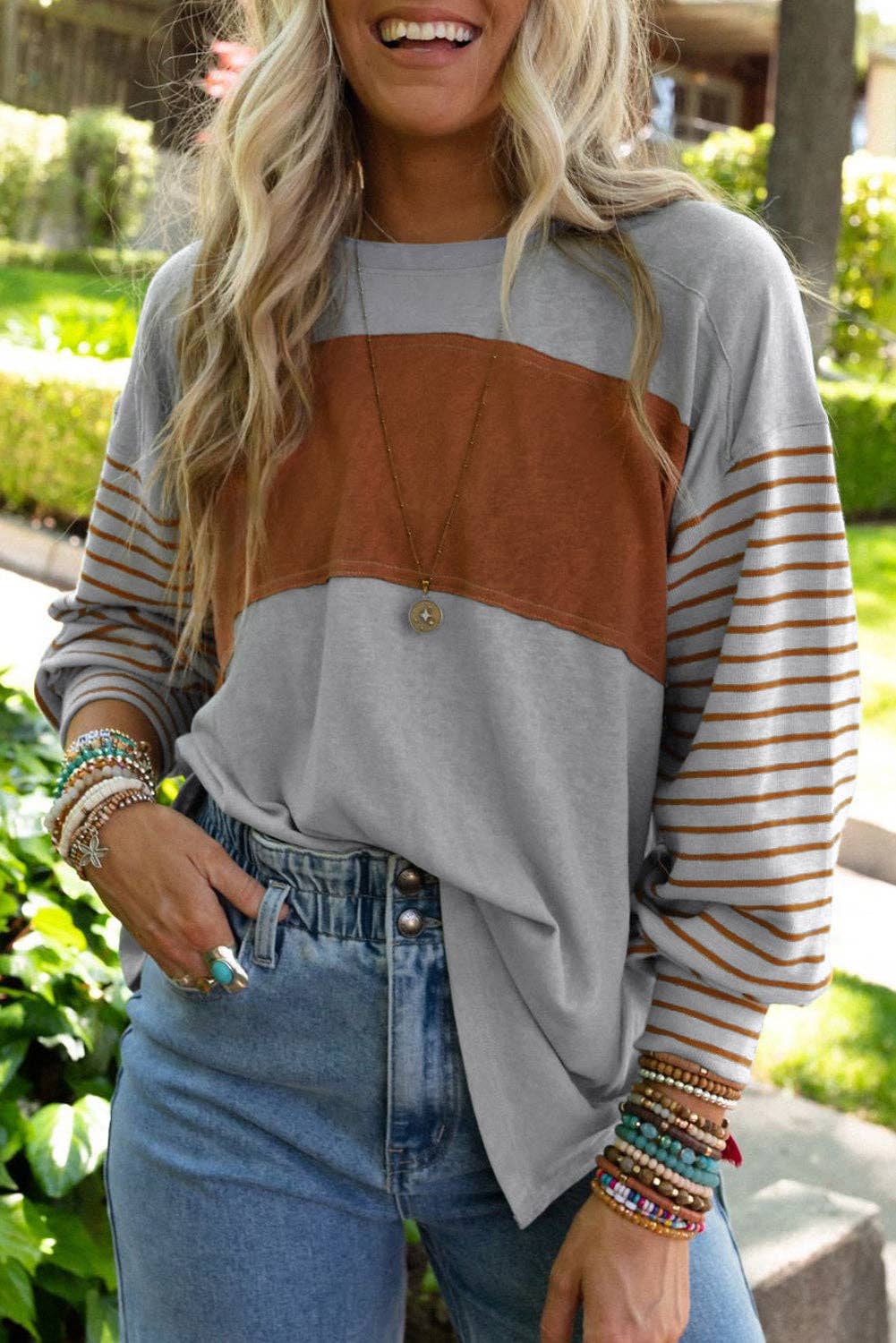 Multicolor Clashing Stripe Bishop Sleeve Top