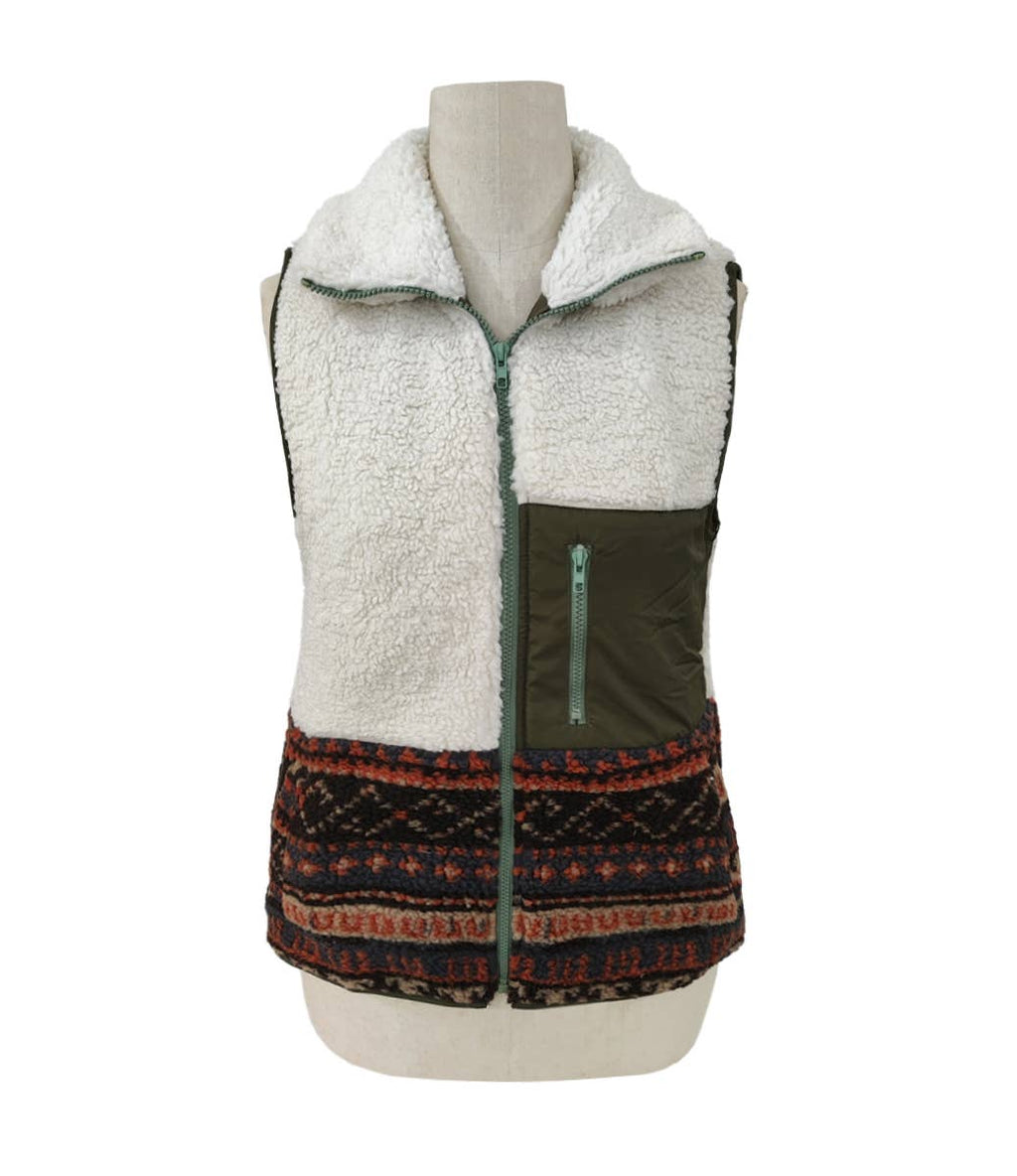 Aztec pattern Western Sherpa Fleece Zip up Vest