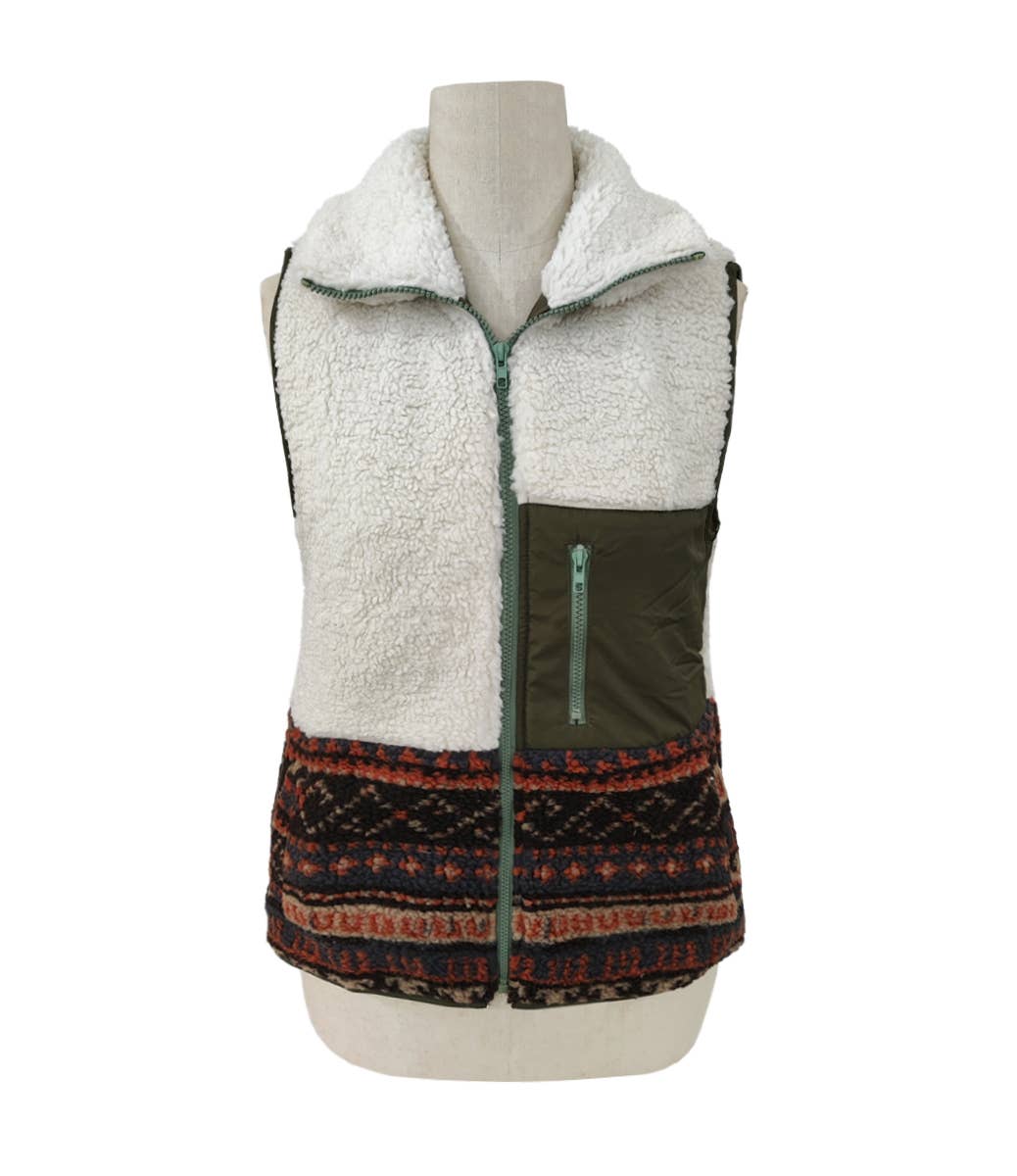Aztec pattern Western Sherpa Fleece Zip up Vest