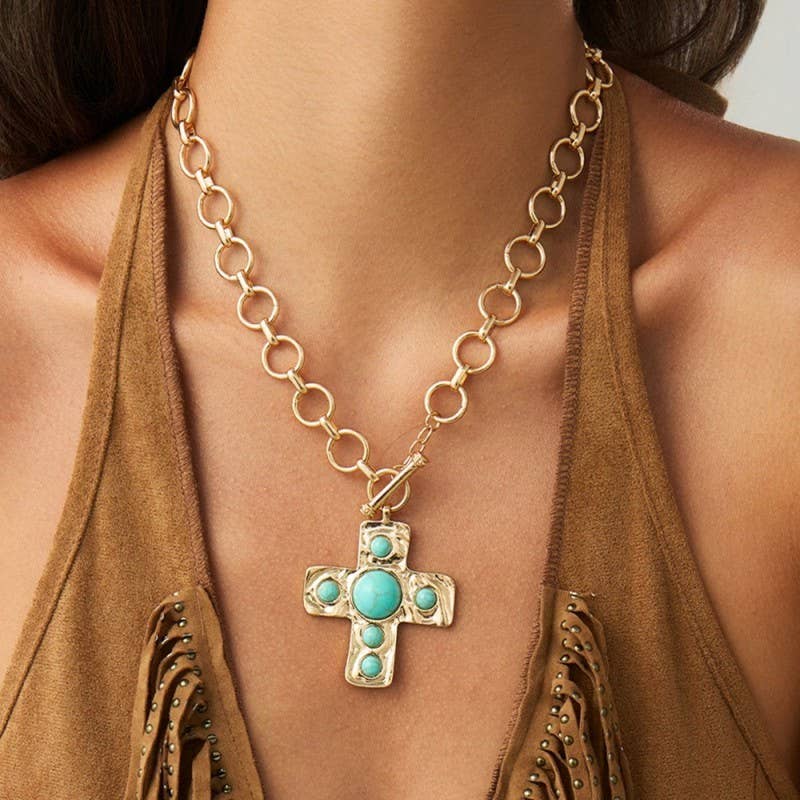 Hammered Jewel Cross Toggle Necklace