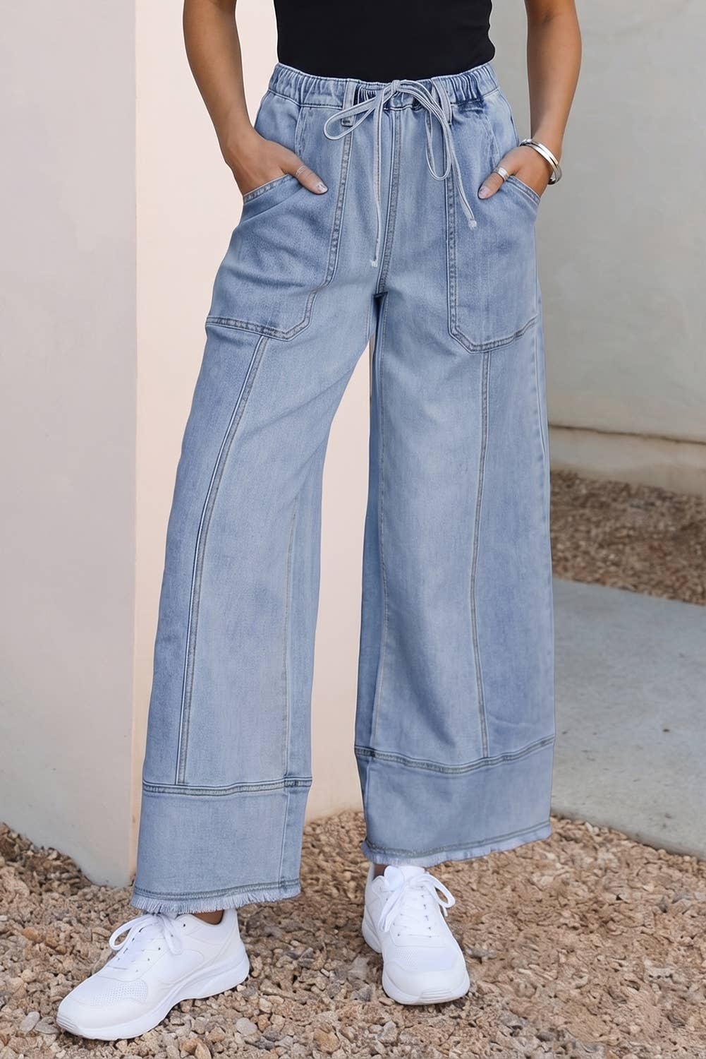 Drawstring Seam Detail Raw Hem Wide Leg Denim Pants