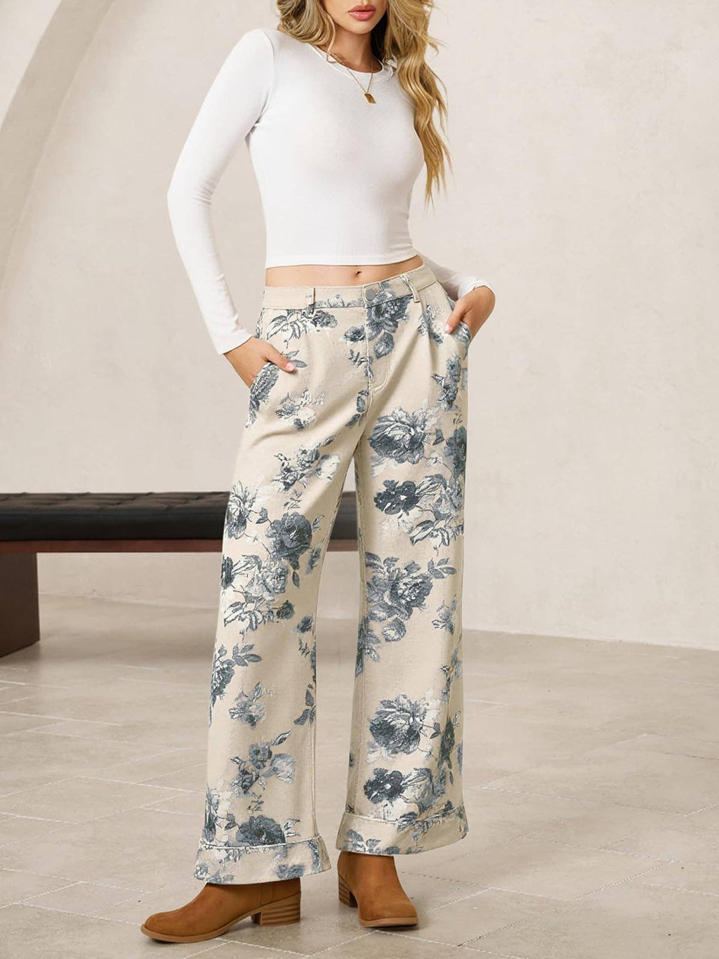 Western Vintage Boho Floral Print Denim Jeans