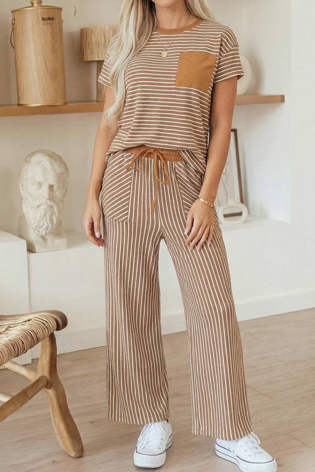 Stripe Tee and Drawstring Waist Pants Set