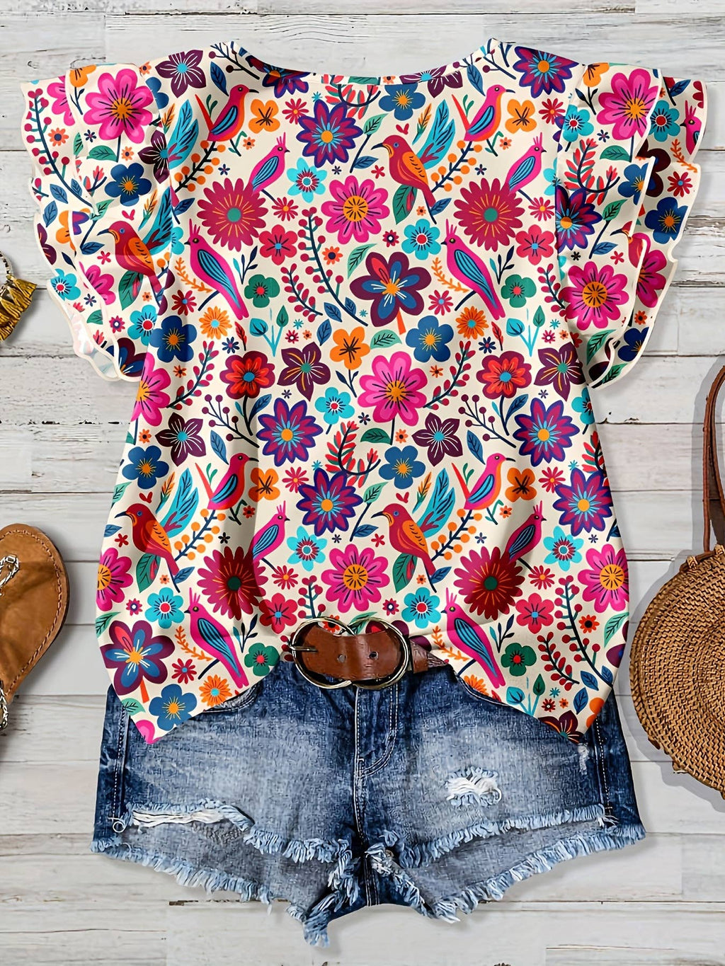 Western Vintage Summer Ruffled Sleeve Floral Print Top